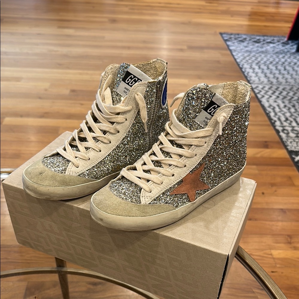 Golden Goose Silver Tan High-Top Sneakers with Pink Star - Lightly Worn